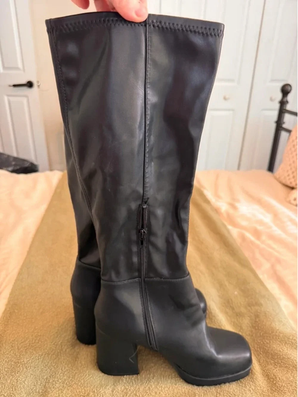 Chic Black Faux Leather Knee-High Platform Block Heel Boots